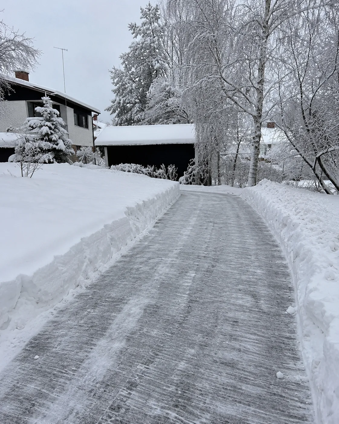 Aurattu ajoväylä lumisten penkkojen keskellä